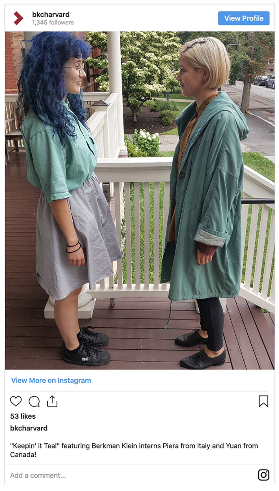 Image of an instagram post with two interns facing eachother. Caption: ""Keepin' it Teal" featuring Berkman Klein interns Piera from Italy and Yuan from Canada!"